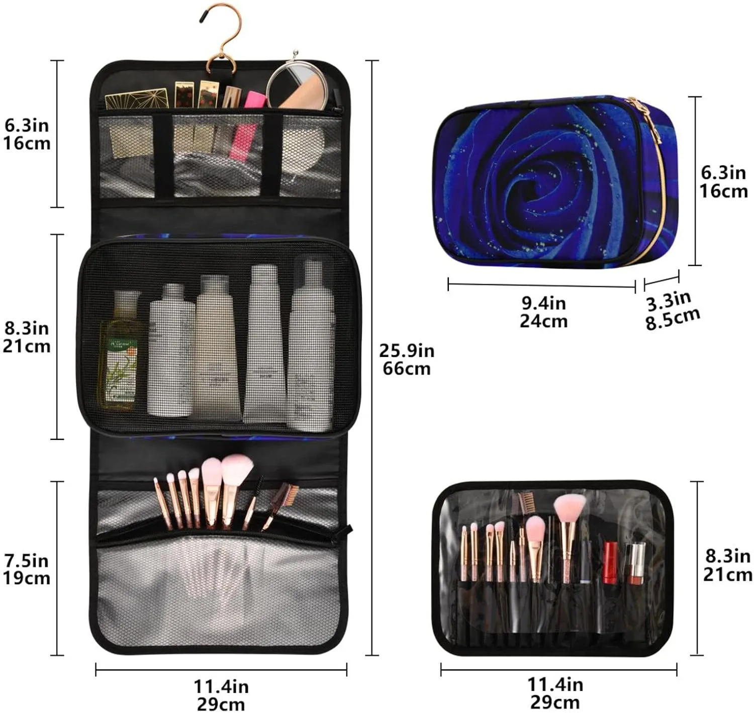Blue Rose with Water Drops Texture 3 PCs Set Toiletry bags, 1 Women's Travel Cosmetic Bag, 1 Hanging Toiletry Wash Bag, 1 Brush Case, Portable Makeup Storage Case