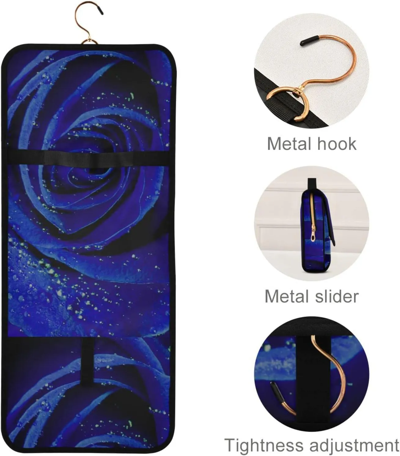 Blue Rose with Water Drops Texture 3 PCs Set Toiletry bags, 1 Women's Travel Cosmetic Bag, 1 Hanging Toiletry Wash Bag, 1 Brush Case, Portable Makeup Storage Case