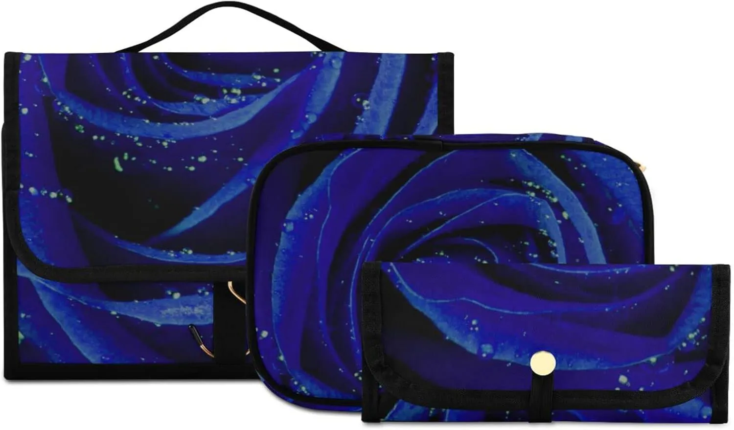 Blue Rose with Water Drops Texture 3 PCs Set Toiletry bags, 1 Women's Travel Cosmetic Bag, 1 Hanging Toiletry Wash Bag, 1 Brush Case, Portable Makeup Storage Case