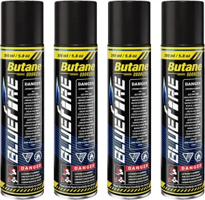 Bluefire Butane Refill 10.56 fl oz(300ml) Butane Fuel Refill with 5 Different Nozzle Adapters Butane Canister for Torch Lighter Fluid Refill Canister Butane Torch Kitchen Blow Torch (4 cans)