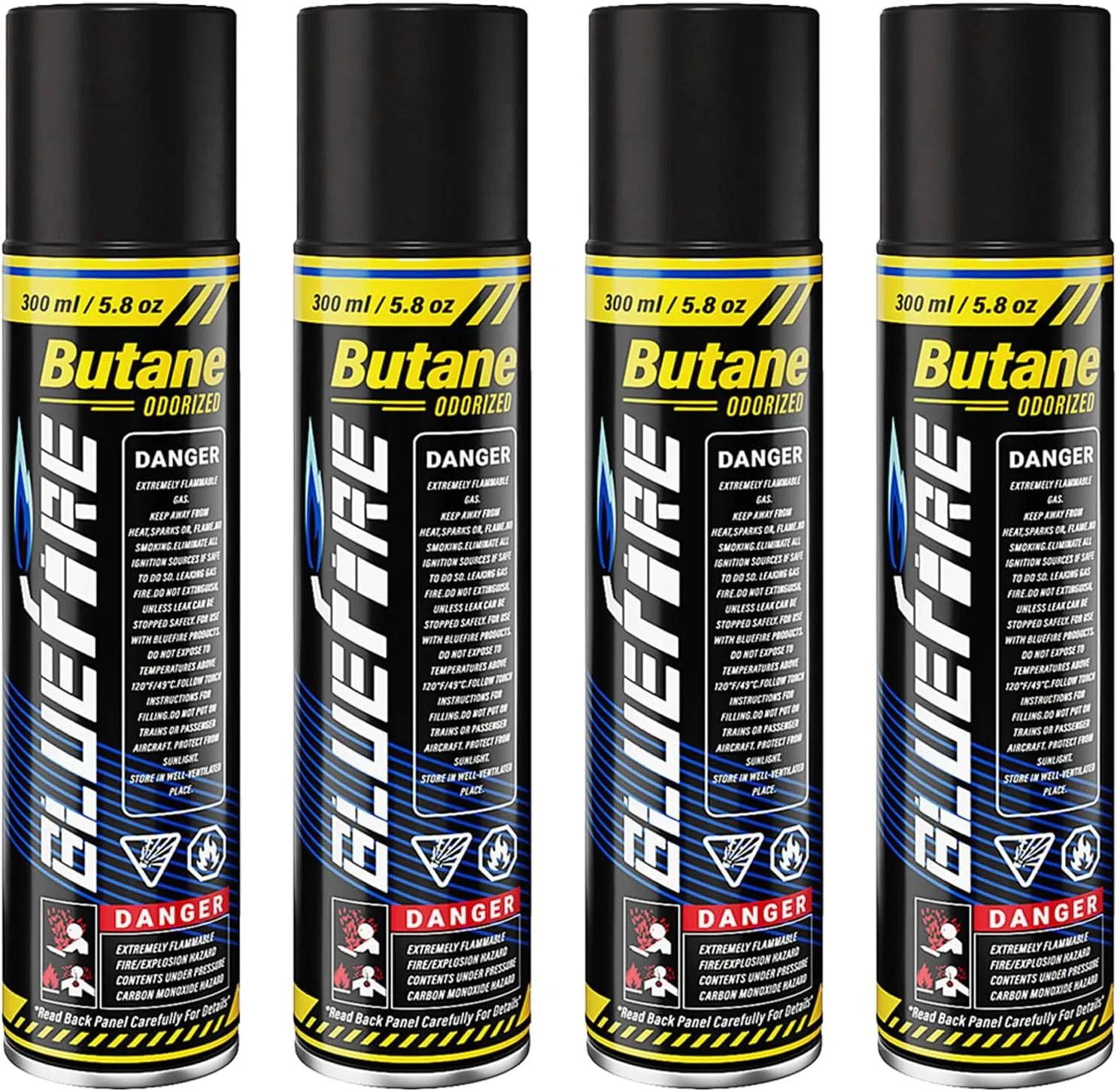 Bluefire Butane Refill 10.56 fl oz(300ml) Butane Fuel Refill with 5 Different Nozzle Adapters Butane Canister for Torch Lighter Fluid Refill Canister Butane Torch Kitchen Blow Torch (4 cans)