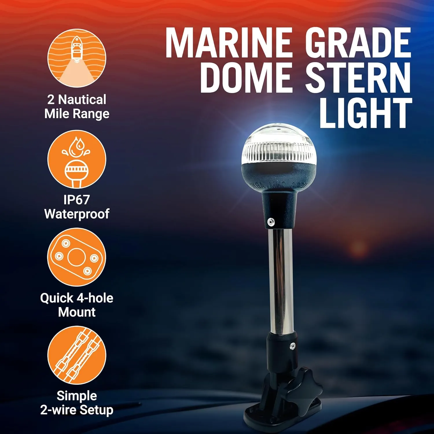 Boat Anchor Light, 9" LED Stern Light, USCG Tested Fold-Down Waterproof Marine Navigation Light, 2NM White All-Around Folding Dome, LED Accessory for Boats