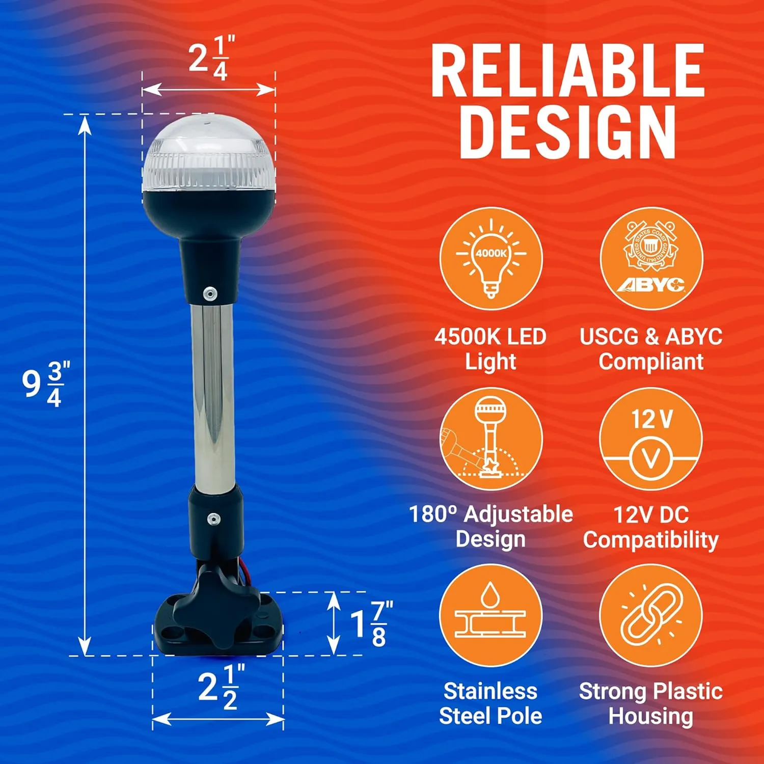 Boat Anchor Light, 9" LED Stern Light, USCG Tested Fold-Down Waterproof Marine Navigation Light, 2NM White All-Around Folding Dome, LED Accessory for Boats