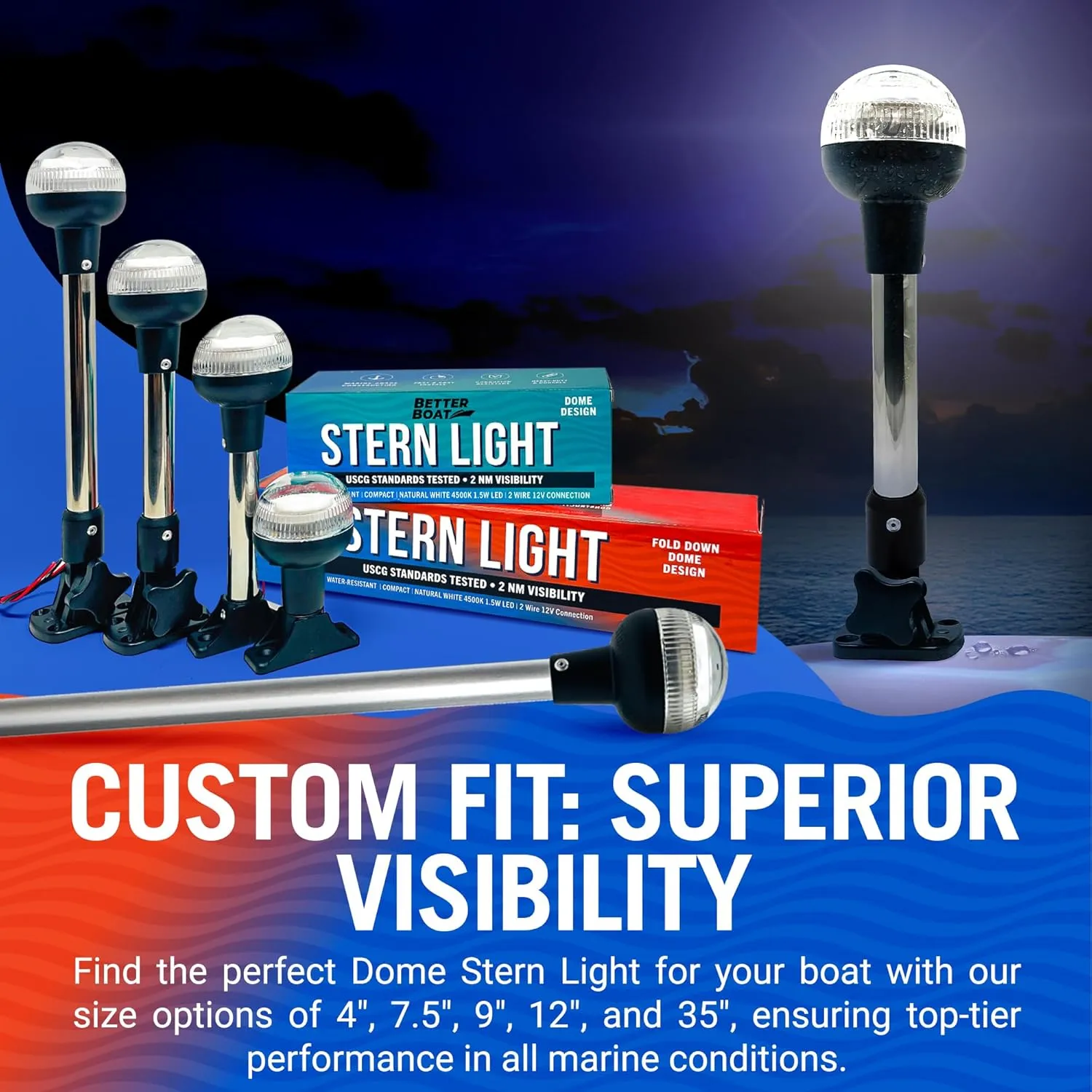 Boat Anchor Light, 9" LED Stern Light, USCG Tested Fold-Down Waterproof Marine Navigation Light, 2NM White All-Around Folding Dome, LED Accessory for Boats