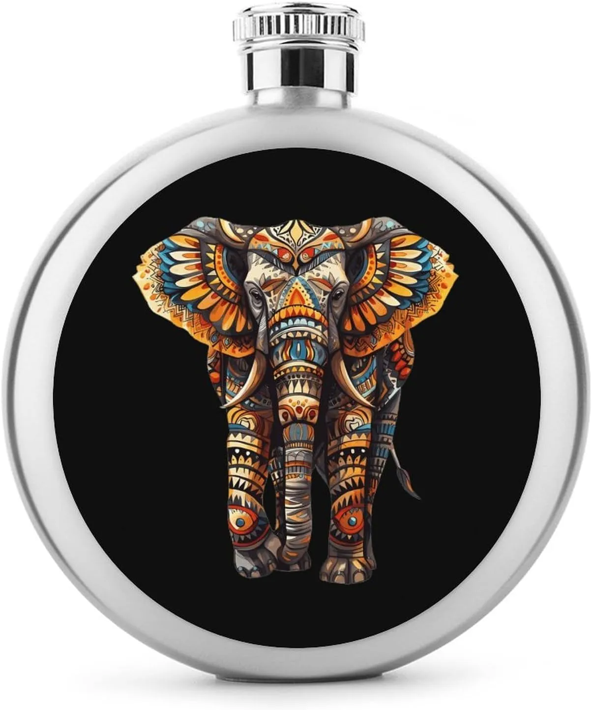 Boho Ethnic Elephant Round Wine Flask 5 Oz Mini Portable Stainless Steel Drinking Flasks for Men Women Travel Home Office