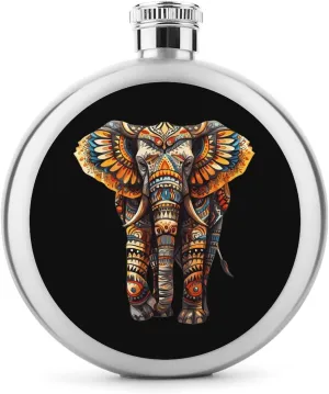 Boho Ethnic Elephant Round Wine Flask 5 Oz Mini Portable Stainless Steel Drinking Flasks for Men Women Travel Home Office