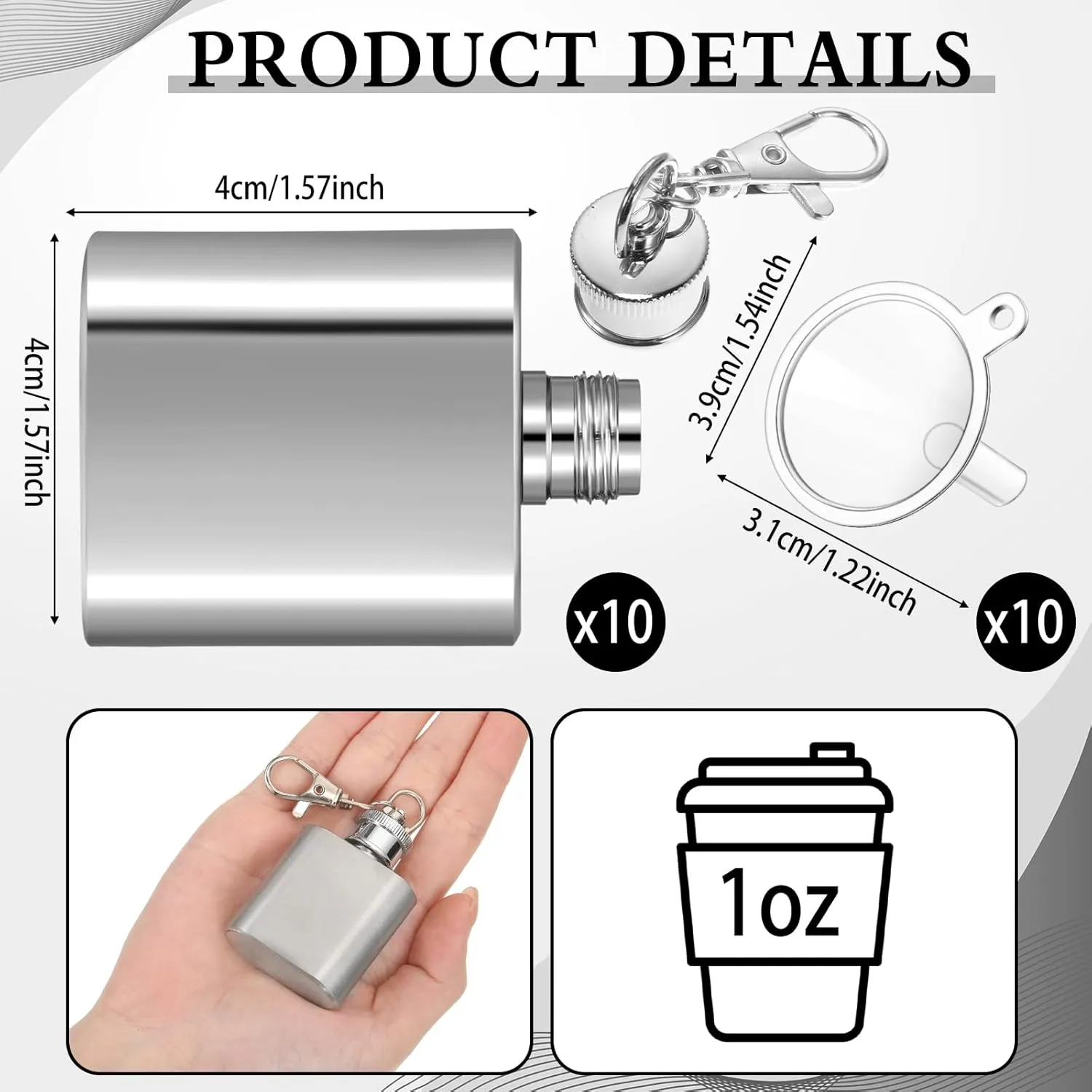 Bokon 10 Pcs Mini Keychain Flask Bulk 1oz Stainless Steel Hip Jar Pocket Hidden Flask for Liquor Men Women Groomsmen Gifts with 10 Plastic Funnels(Silver)