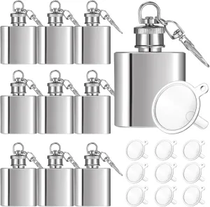 Bokon 10 Pcs Mini Keychain Flask Bulk 1oz Stainless Steel Hip Jar Pocket Hidden Flask for Liquor Men Women Groomsmen Gifts with 10 Plastic Funnels(Silver)