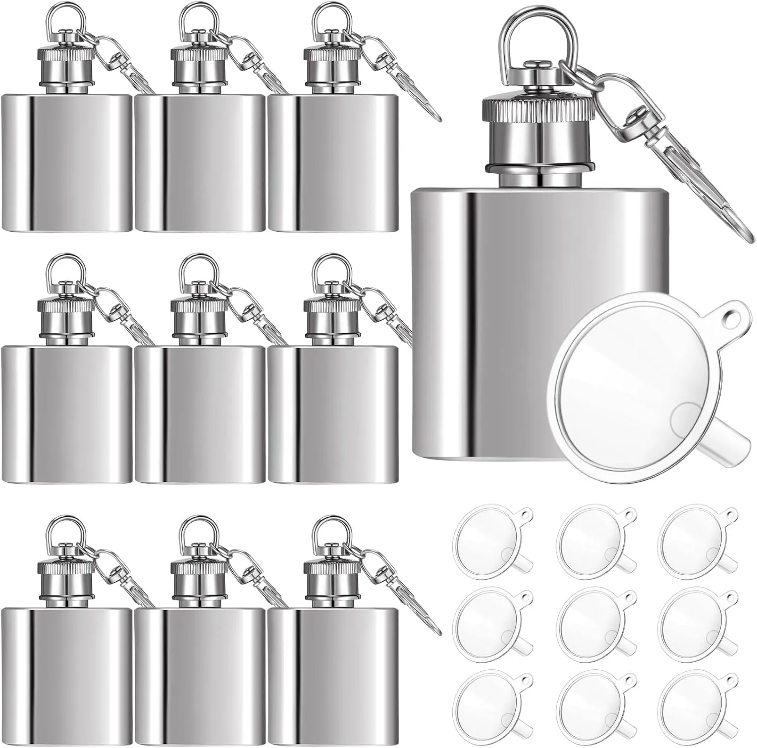 Bokon 10 Pcs Mini Keychain Flask Bulk 1oz Stainless Steel Hip Jar Pocket Hidden Flask for Liquor Men Women Groomsmen Gifts with 10 Plastic Funnels(Silver)