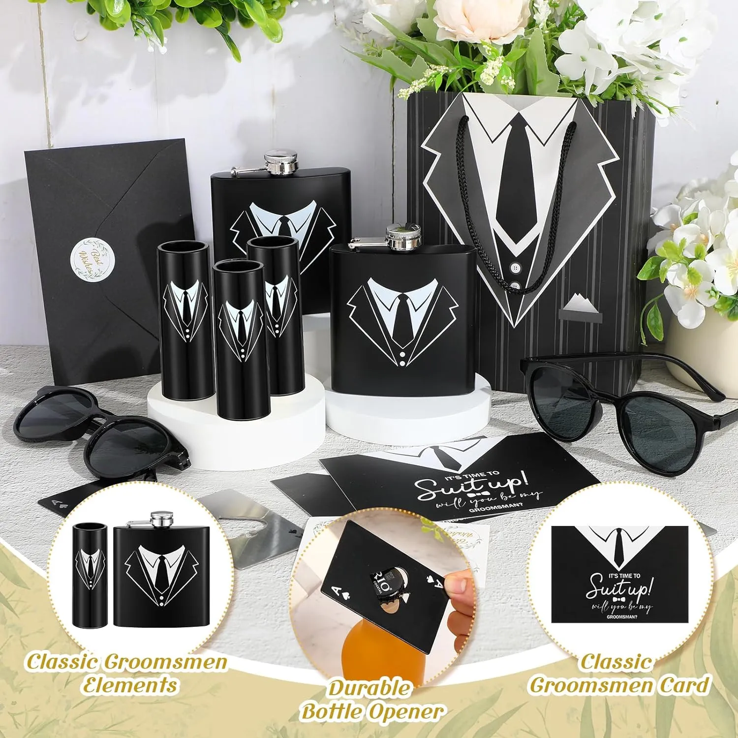 Bokon 48 Pcs Groomsmen Gifts for Men Stainless Steel Tuxedo Flask Groomsmen Gauge Glasses Poker Bottle Opener Groomsman Gift Bag Sunglasses with Cards for Wedding Bachelor Party Favors