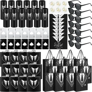 Bokon Groomsmen Gifts for Men Stainless Steel Tuxedo Flask Groomsmen Gauge Glasses Poker Bottle Opener Groomsman Gift Bag Sunglasses with Cards for Wedding Bachelor Party Favors(72 Pcs)