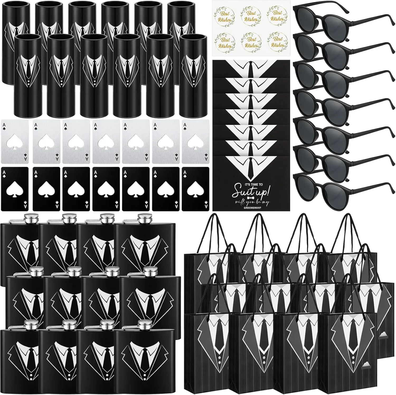 Bokon Groomsmen Gifts for Men Stainless Steel Tuxedo Flask Groomsmen Gauge Glasses Poker Bottle Opener Groomsman Gift Bag Sunglasses with Cards for Wedding Bachelor Party Favors(72 Pcs)