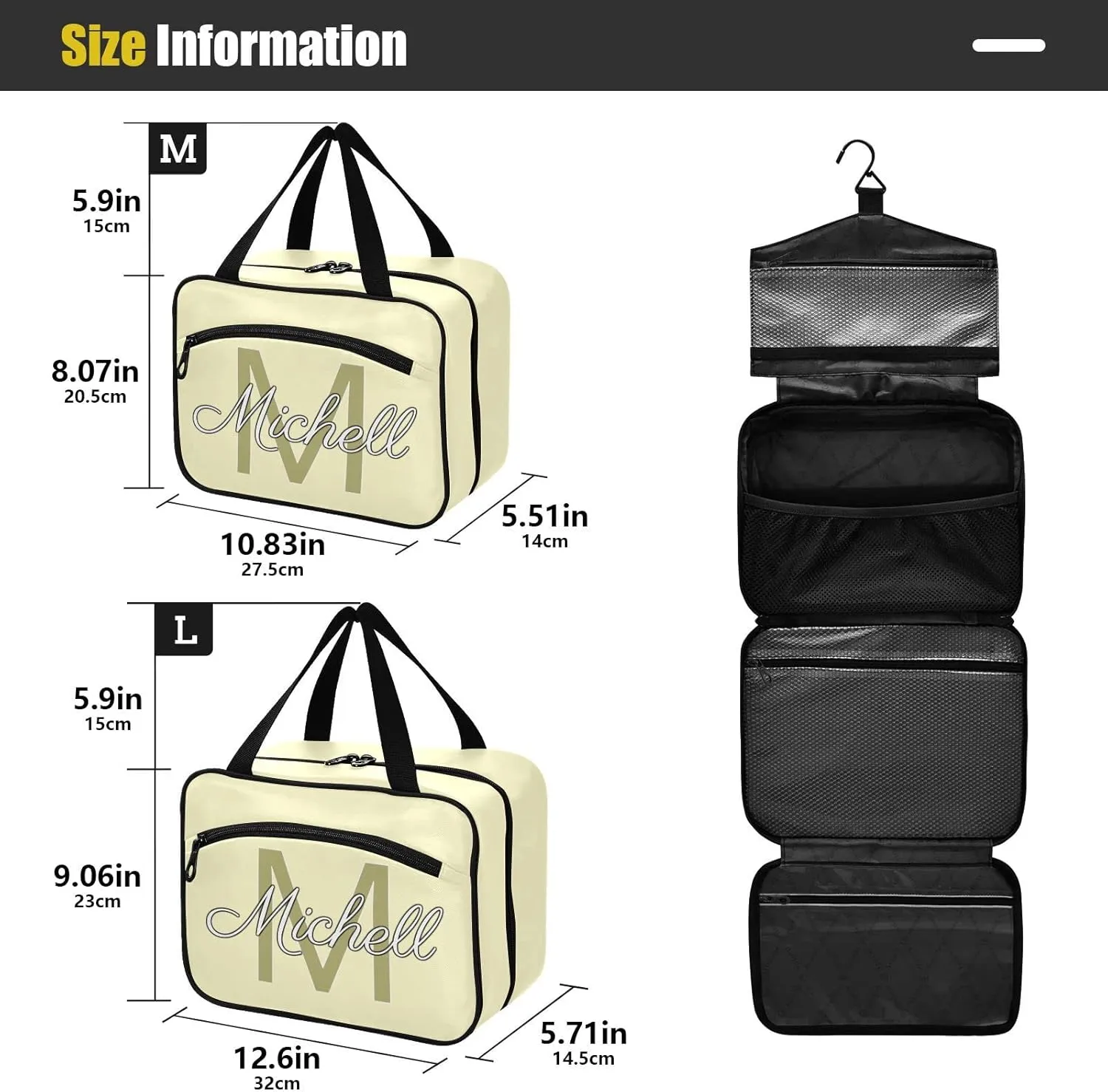 Bright Beige Personalized Hanging Travel Toiletry Bag for Women Men Custom Makeup Organizer with bottles & hanging hook Bathroom Shower Bag for Toiletries Bathroom Outdoors Hotel Traveling