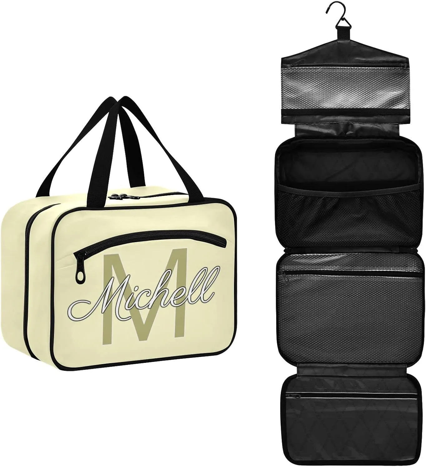 Bright Beige Personalized Hanging Travel Toiletry Bag for Women Men Custom Makeup Organizer with bottles & hanging hook Bathroom Shower Bag for Toiletries Bathroom Outdoors Hotel Traveling