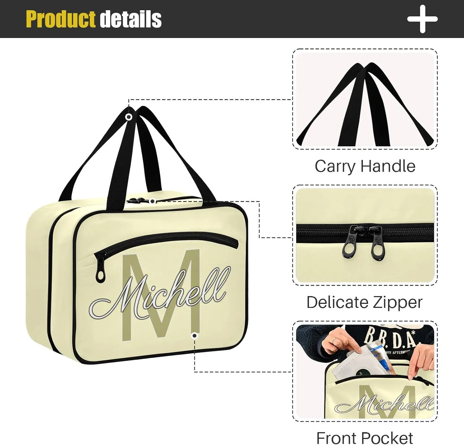 Bright Beige Personalized Hanging Travel Toiletry Bag for Women Men Custom Makeup Organizer with bottles & hanging hook Bathroom Shower Bag for Toiletries Bathroom Outdoors Hotel Traveling