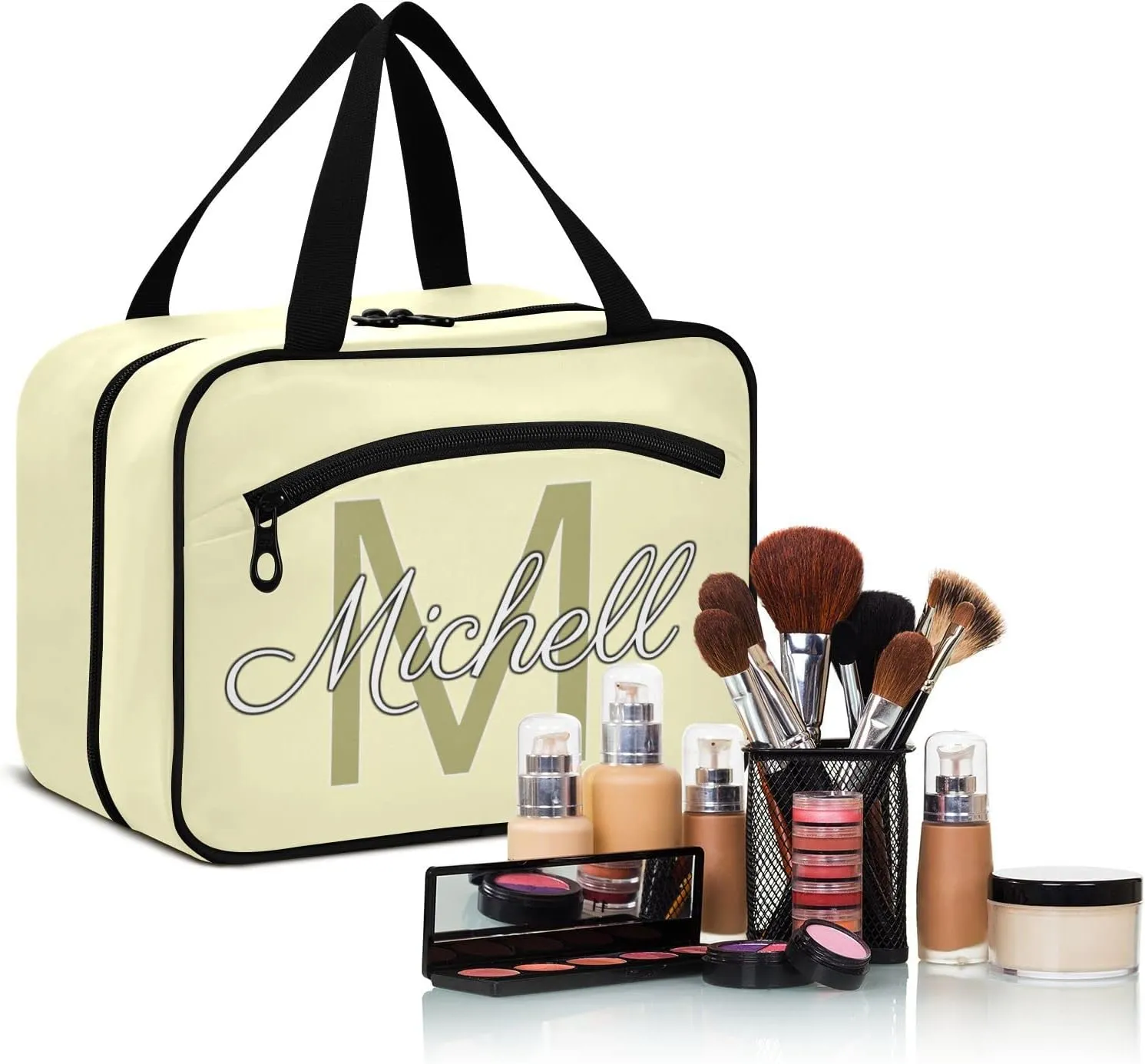 Bright Beige Personalized Hanging Travel Toiletry Bag for Women Men Custom Makeup Organizer with bottles & hanging hook Bathroom Shower Bag for Toiletries Bathroom Outdoors Hotel Traveling