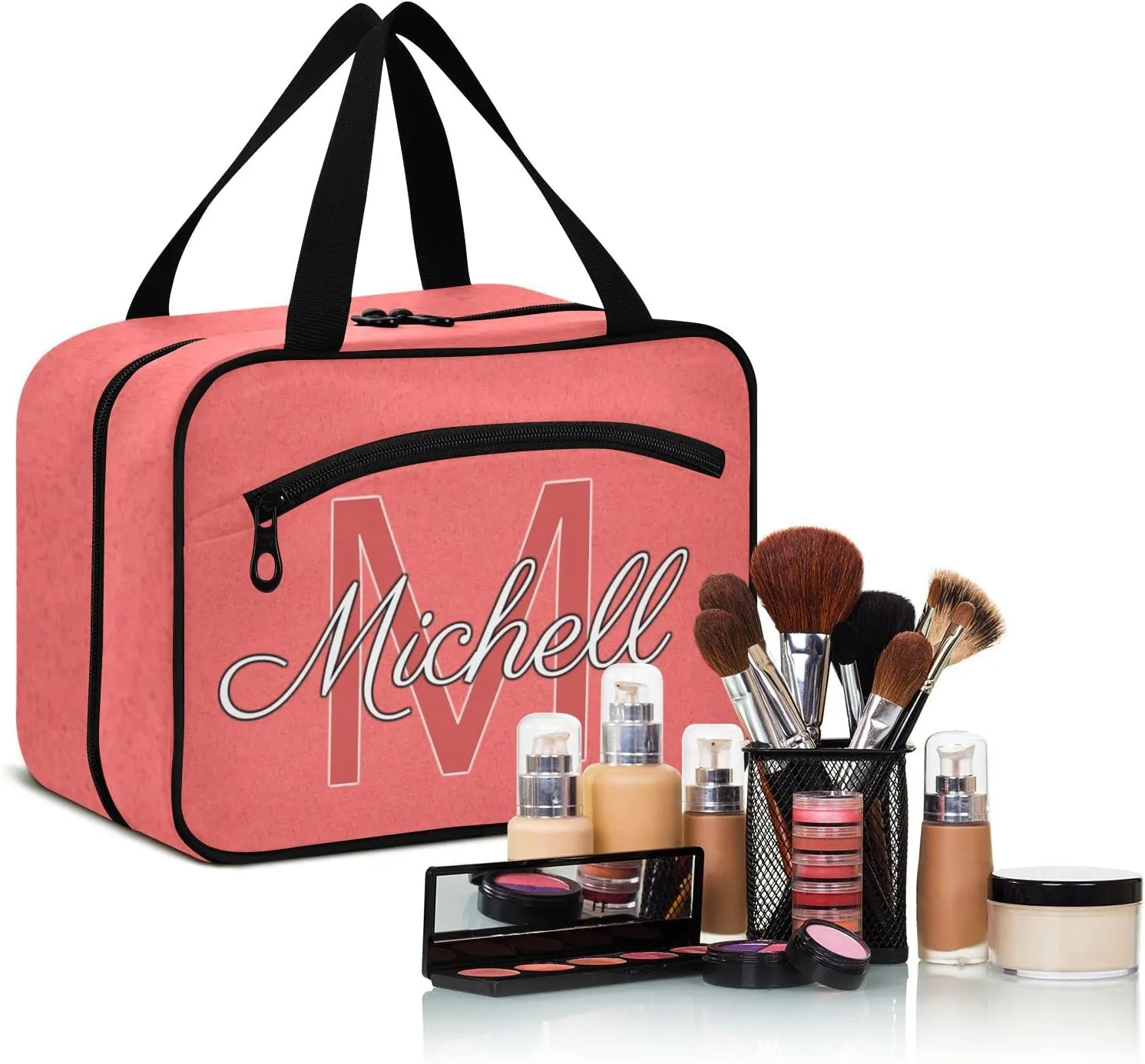 Bright Pink Personalized Hanging Travel Toiletry Bag for Women Men Custom Makeup Organizer with bottles & hanging hook Cosmetic Bag for Traveling Bathroom Outdoors Hotel Toiletries