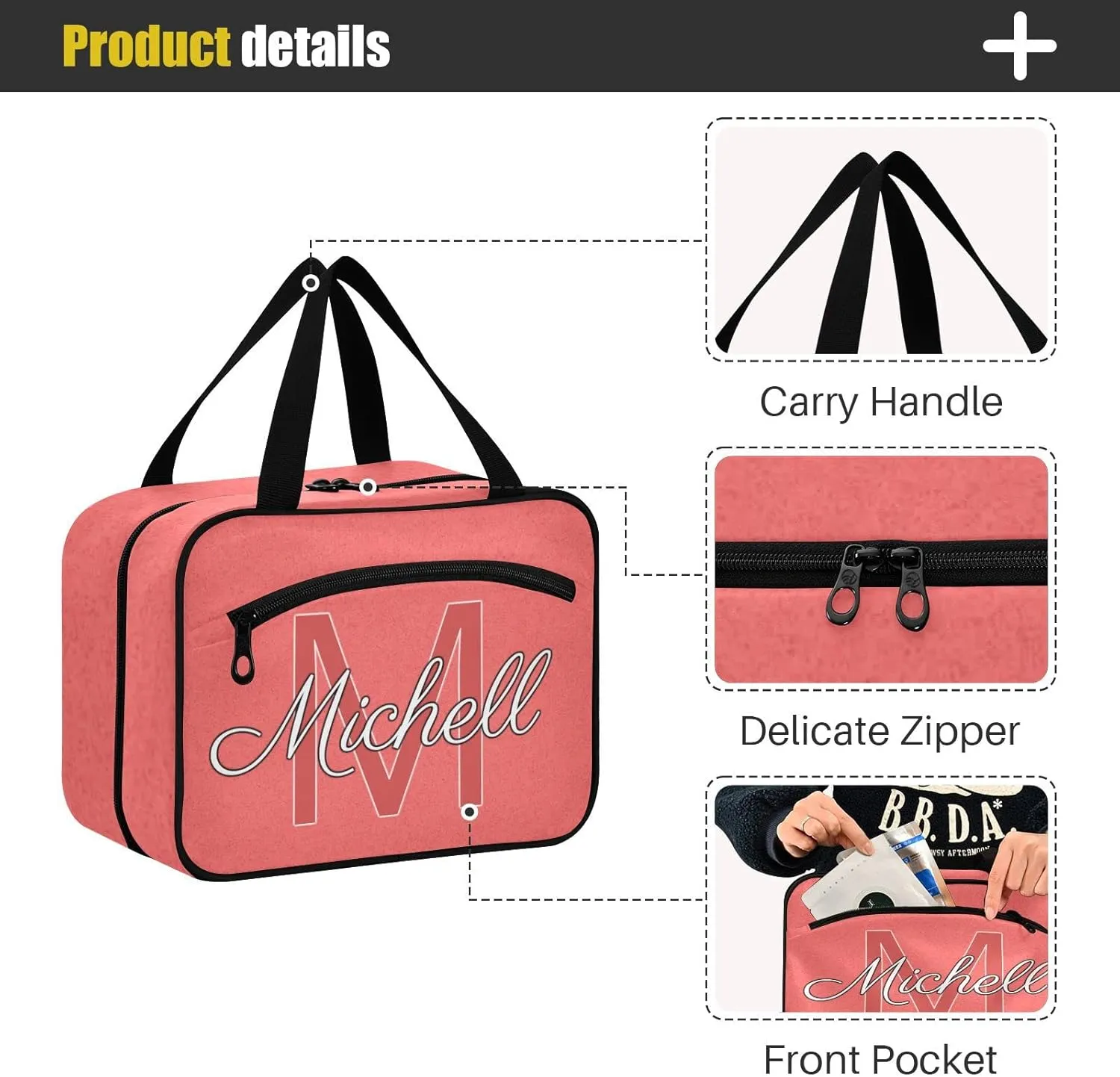 Bright Pink Personalized Hanging Travel Toiletry Bag for Women Men Custom Makeup Organizer with bottles & hanging hook Cosmetic Bag for Traveling Bathroom Outdoors Hotel Toiletries