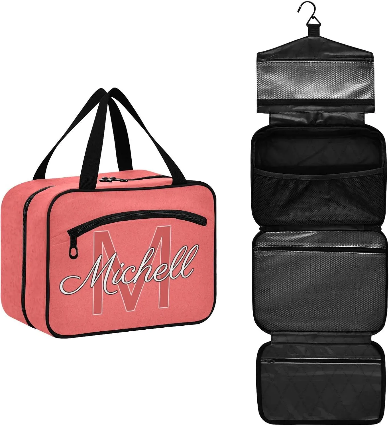 Bright Pink Personalized Hanging Travel Toiletry Bag for Women Men Custom Makeup Organizer with bottles & hanging hook Cosmetic Bag for Traveling Bathroom Outdoors Hotel Toiletries