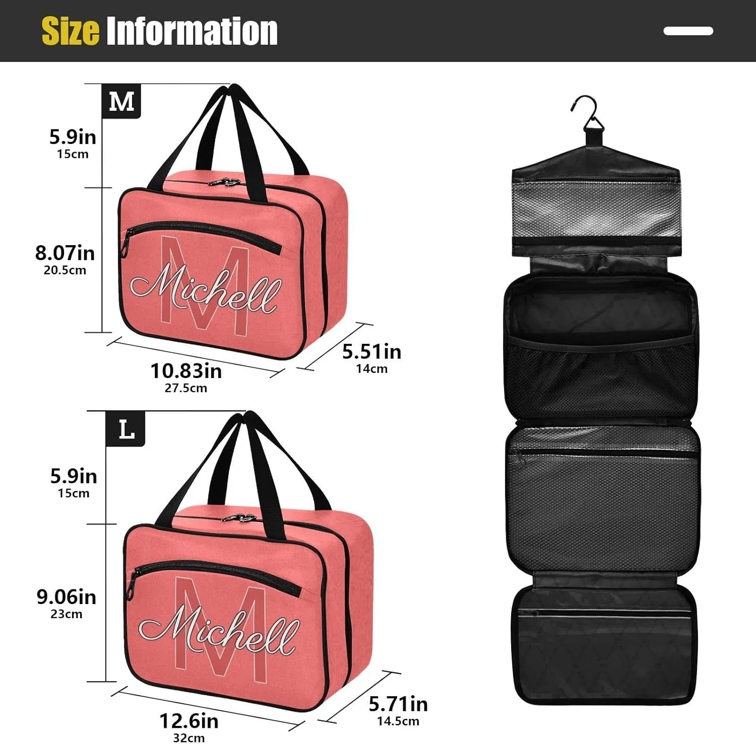 Bright Pink Personalized Hanging Travel Toiletry Bag for Women Men Custom Makeup Organizer with bottles & hanging hook Cosmetic Bag for Traveling Bathroom Outdoors Hotel Toiletries