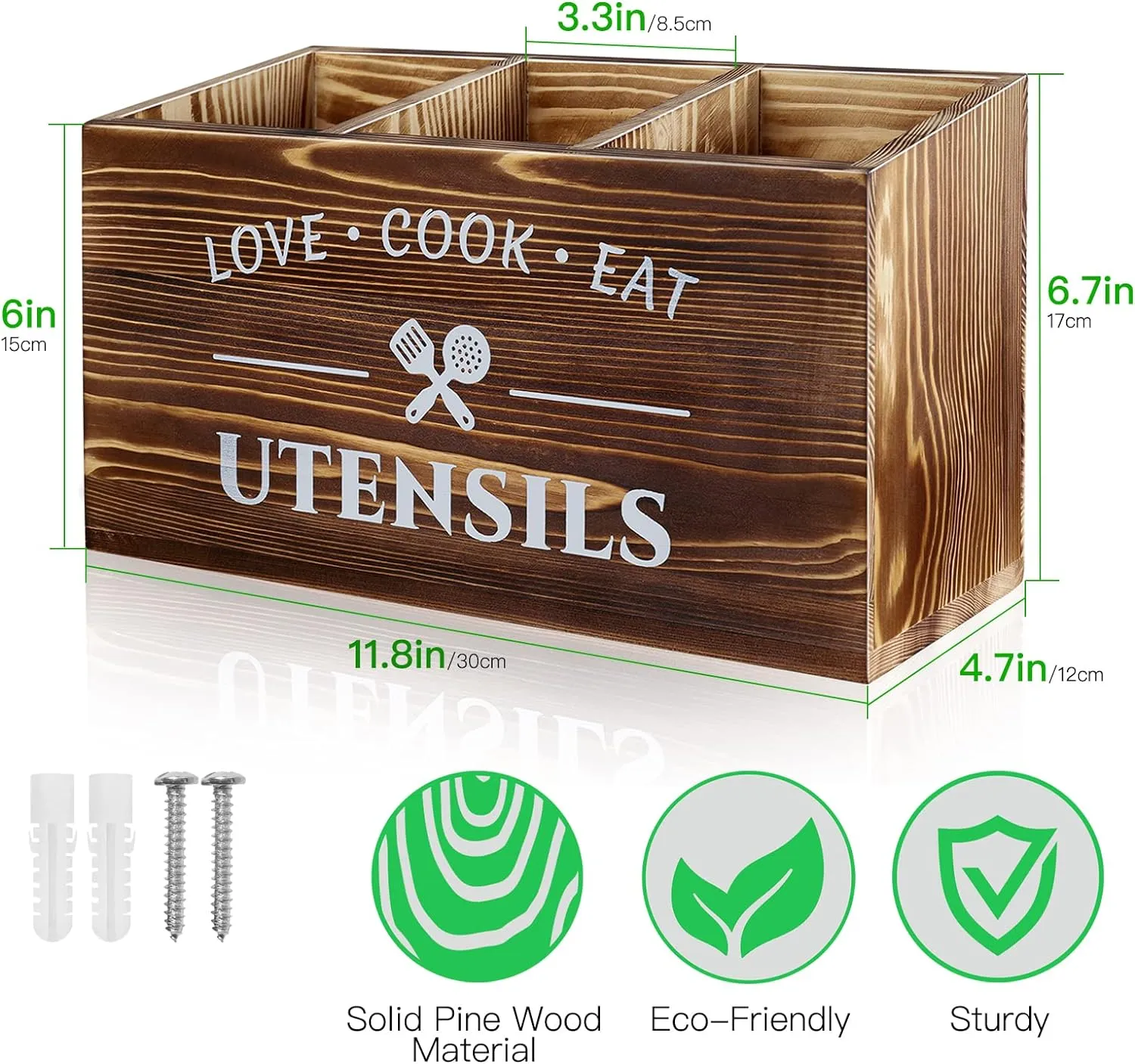 Brown Utensil Holder Rustic Utensil Caddy Crocks with 3 Compartments for Kitchen Counter, Farmhouse Wood Flatware Utensils Organizer Storage Box for Silverware Fork Spoon Spatula