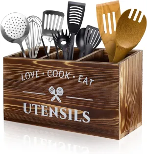 Brown Utensil Holder Rustic Utensil Caddy Crocks with 3 Compartments for Kitchen Counter, Farmhouse Wood Flatware Utensils Organizer Storage Box for Silverware Fork Spoon Spatula