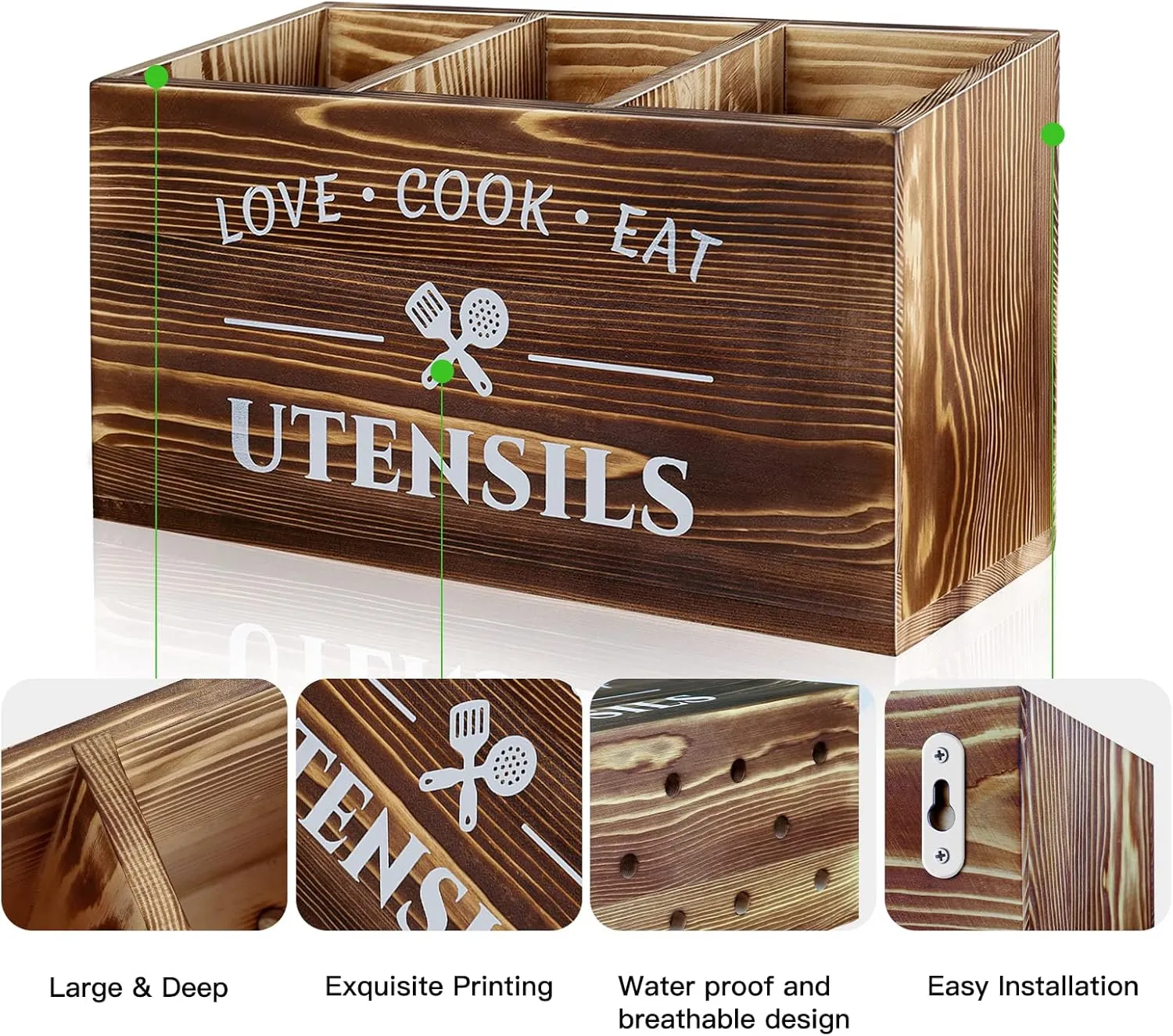 Brown Utensil Holder Rustic Utensil Caddy Crocks with 3 Compartments for Kitchen Counter, Farmhouse Wood Flatware Utensils Organizer Storage Box for Silverware Fork Spoon Spatula