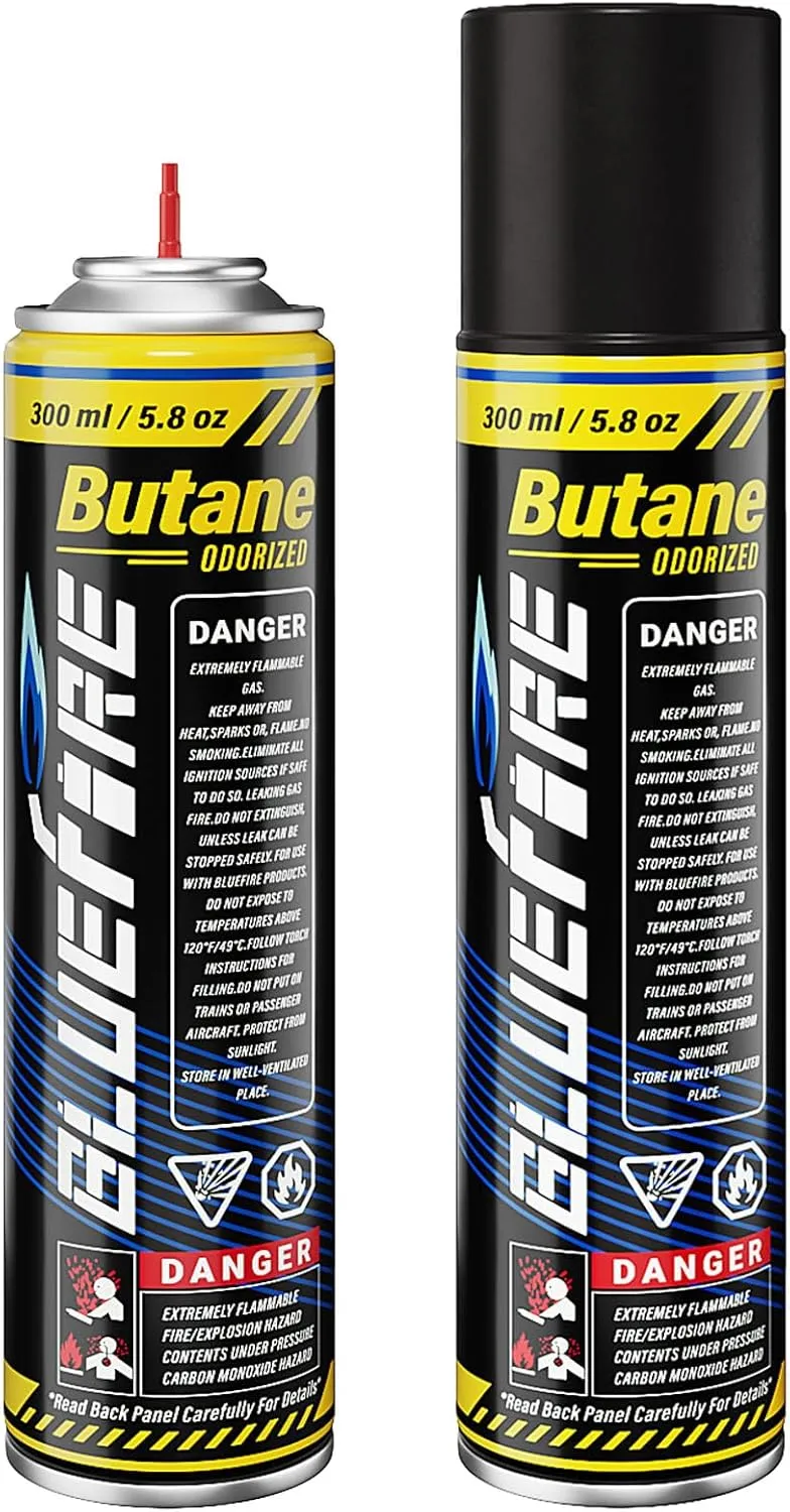Butane Refill 10.56 fl oz Butane Fuel Refill Butane Canister for Torch Lighter Fluid Refill Canister Butane Torch Kitchen Blow Torch 300ml Camping Gas Canister with 5 Different Nozzle Adapters(2 cans)