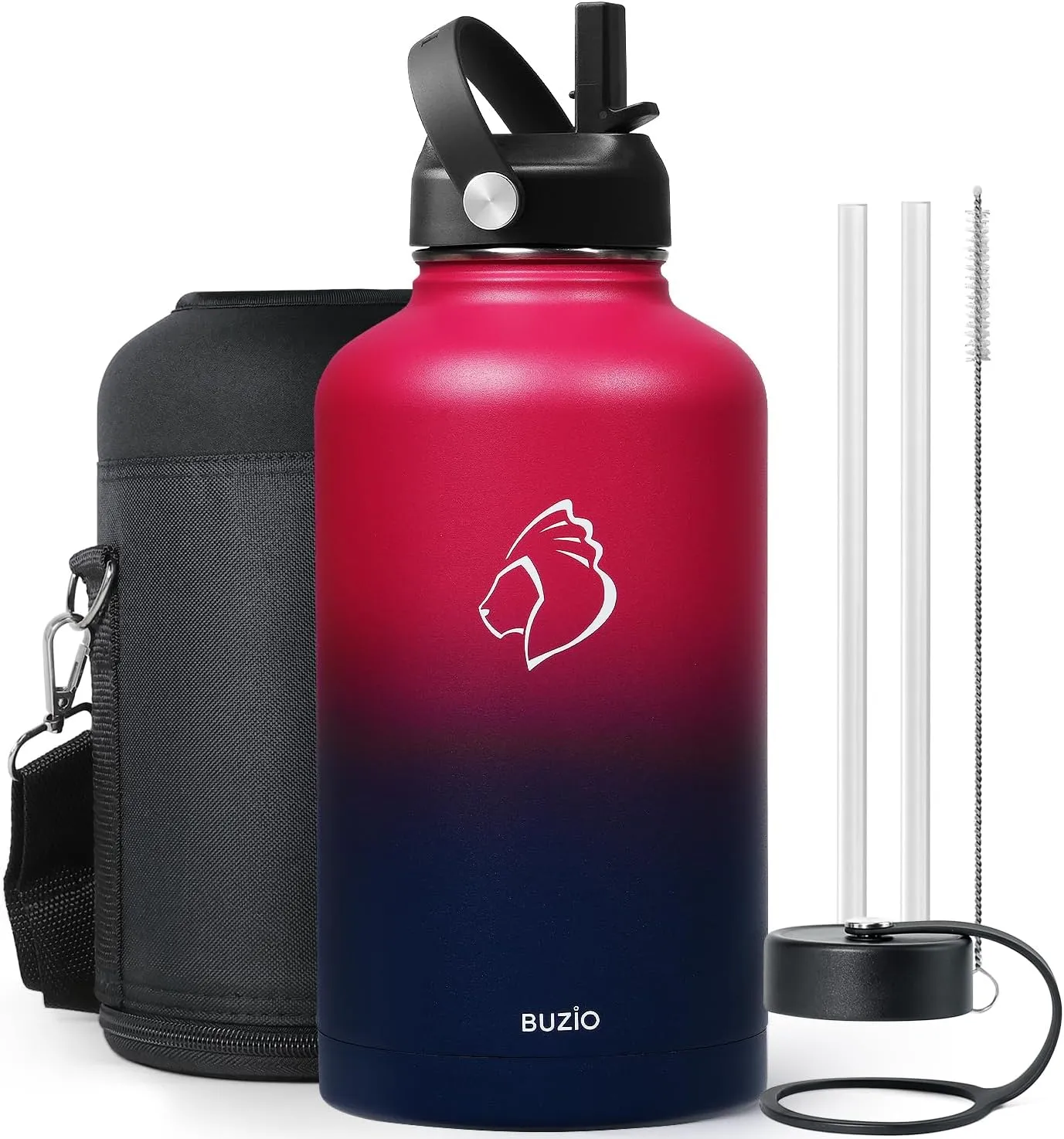 BUZIO 64oz Insulated Water Bottle Stainless Steel Double Wall Leak Proof Half Gallon with Straw Lid and Flex Cap (Cold for 48 Hrs) Sports Flask Metal Travel Mug for Hiking Cycling, Ruby Red Navy