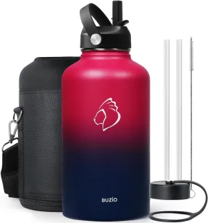 BUZIO 64oz Insulated Water Bottle Stainless Steel Double Wall Leak Proof Half Gallon with Straw Lid and Flex Cap (Cold for 48 Hrs) Sports Flask Metal Travel Mug for Hiking Cycling, Ruby Red Navy