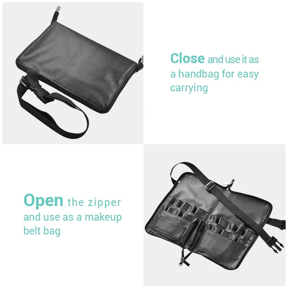 BYOOTIQUE 2in1 Multi Brush Holder Waist Zipper Bag Professional Portable Foldable Cosmetic Makeup Pouch with Belt Strap Artist Storage Organizer