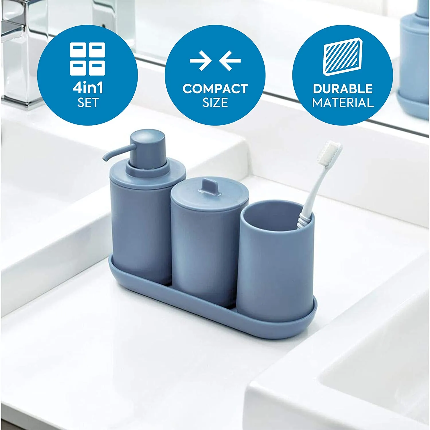 Cade Bath Accessories Set - Soap Pump, Toothbrush Holder, Cotton Pad Dispenser & Tray