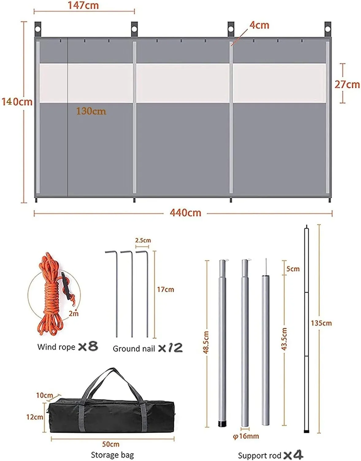 Camping Windbreaks，Beach Windshield Shelter, Outdoor Privacy Shield with Top Window, for Garden Charcoal Grills BBQ Picnic(White,4.4m)
