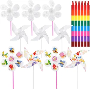 Capoda 30 Pcs DIY Pinwheels and 6 Pcs Crayon 2 Style Blank Plastic Pinwheels Craft Color Your Own Windmills White Wind Spinners for Kids Spring Summer School Classroom Daycare Activities Supplies