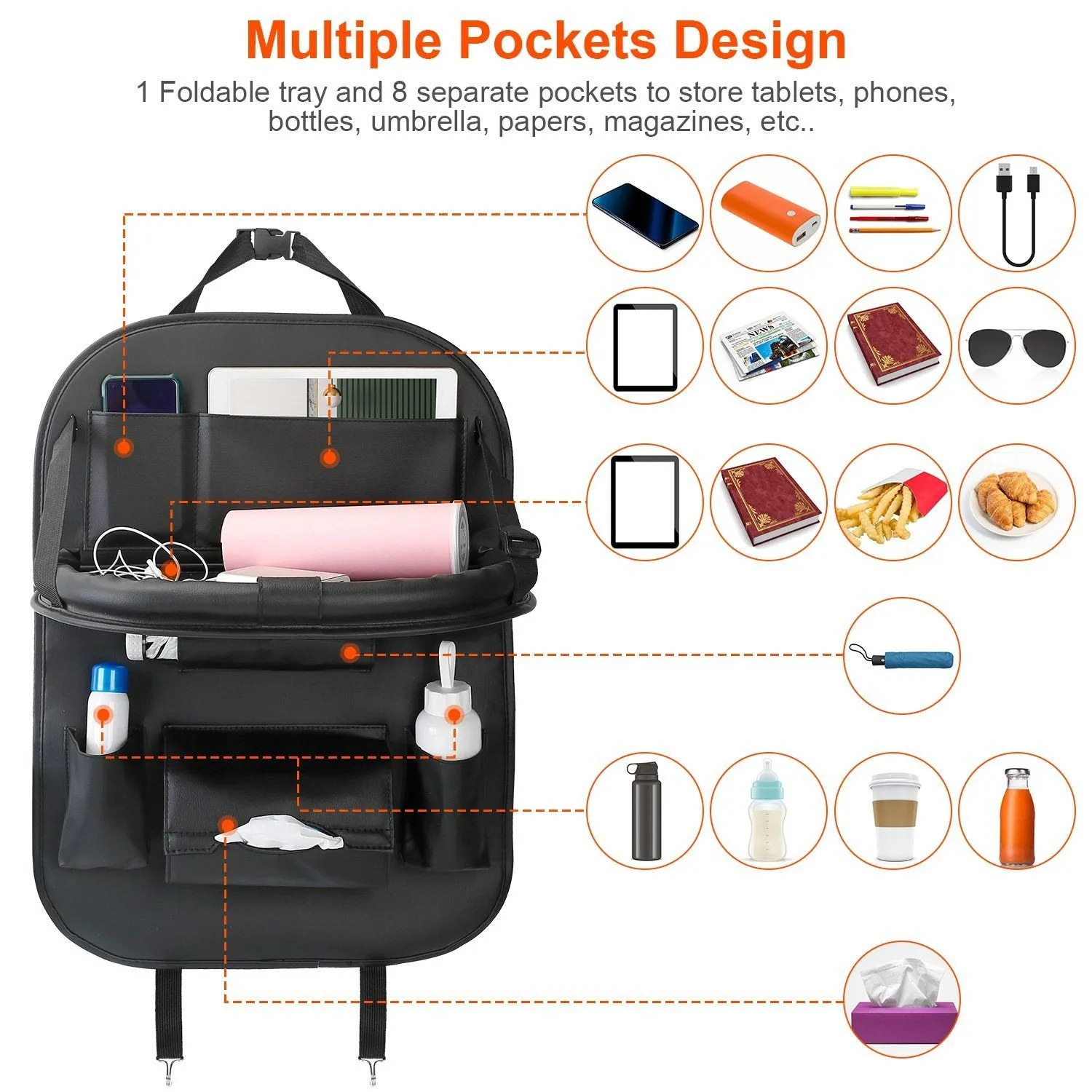 Car Back Seat Organizer with Foldable Table Tray 8 Pockets