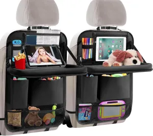 Car backseat organizer, 2 pack, with tablet holder, 6 storage pockets, foldable food tray, car seat back protectors kick mats, travel accessories, black