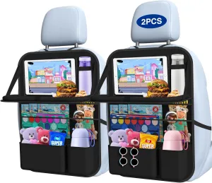 Car Backseat Organizer with Table Tray((2-Pack)) 9 Storage Pockets Backseat Car Organizer and storage with Tablet Holder, Kick Mats Back Seat Cover for Kids family Road Trip Essentials Travel