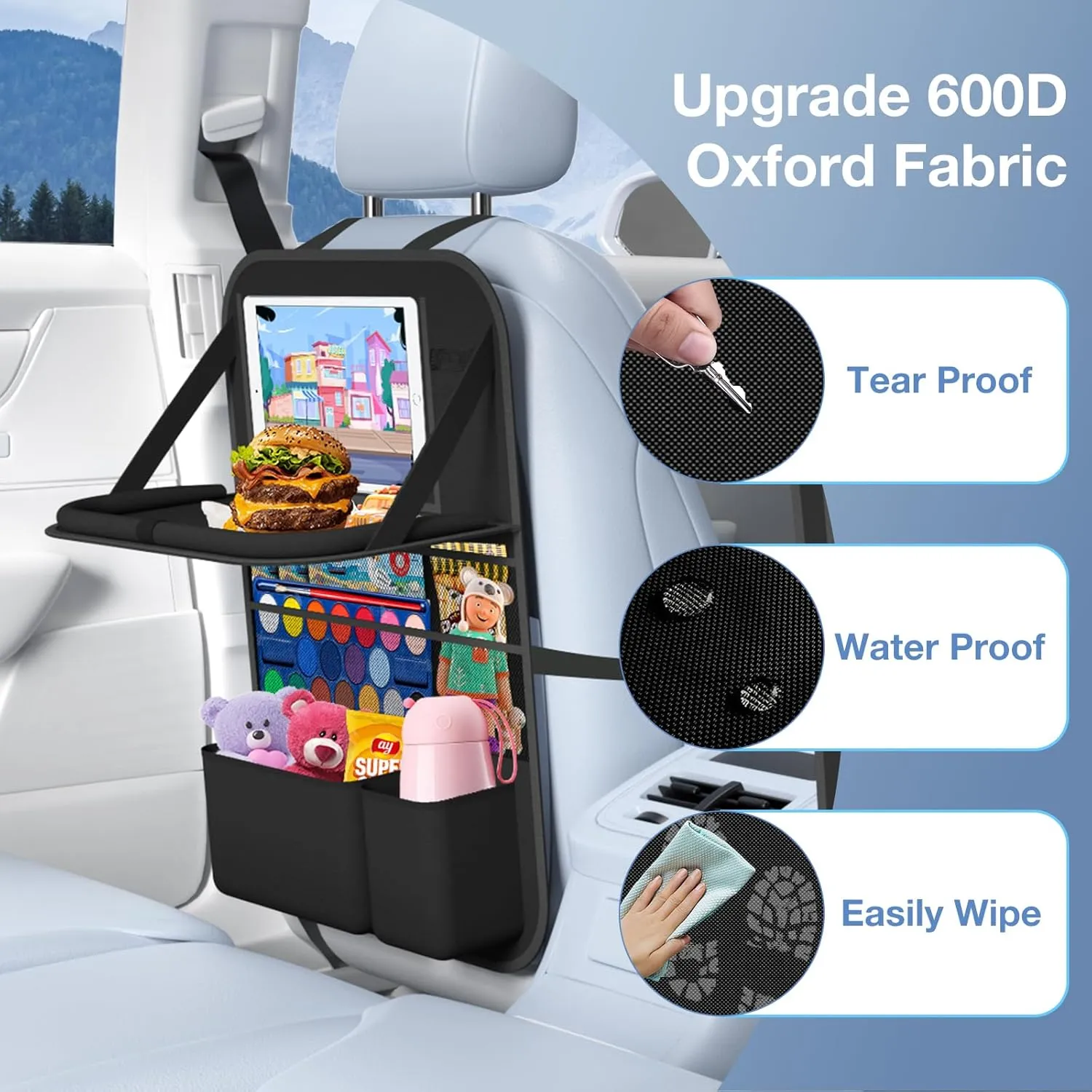 Car Backseat Organizer with Table Tray((2-Pack)) 9 Storage Pockets Backseat Car Organizer and storage with Tablet Holder, Kick Mats Back Seat Cover for Kids family Road Trip Essentials Travel