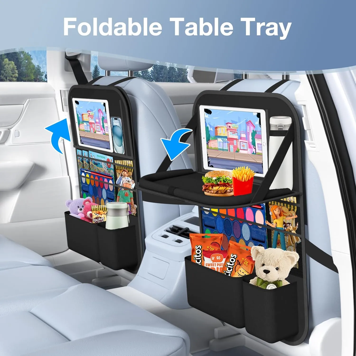 Car Backseat Organizer with Table Tray((2-Pack)) 9 Storage Pockets Backseat Car Organizer and storage with Tablet Holder, Kick Mats Back Seat Cover for Kids family Road Trip Essentials Travel