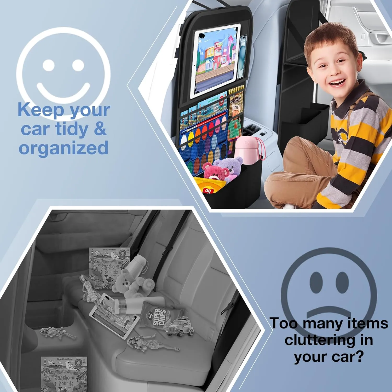 Car Backseat Organizer with Table Tray((2-Pack)) 9 Storage Pockets Backseat Car Organizer and storage with Tablet Holder, Kick Mats Back Seat Cover for Kids family Road Trip Essentials Travel