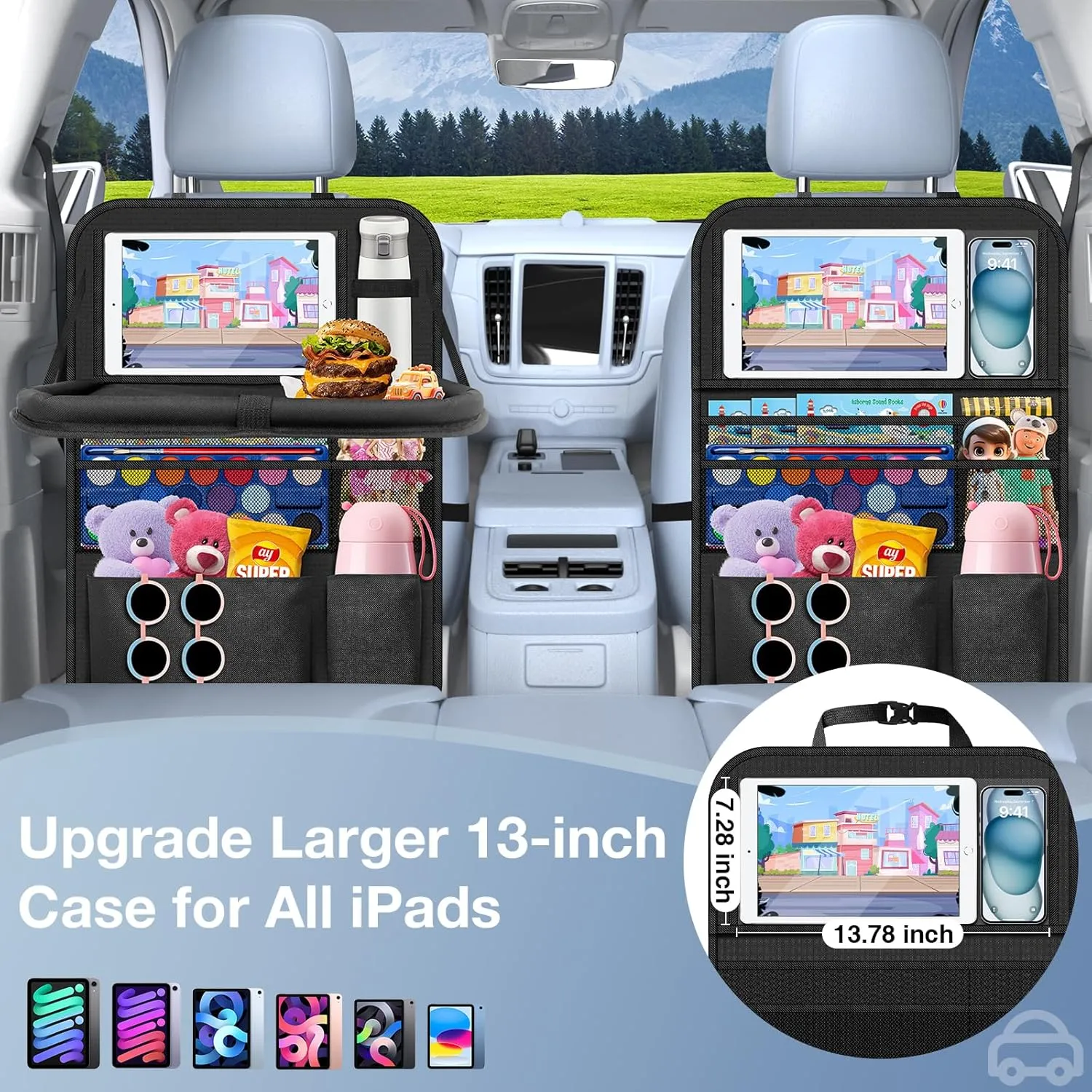 Car Backseat Organizer with Table Tray((2-Pack)) 9 Storage Pockets Backseat Car Organizer and storage with Tablet Holder, Kick Mats Back Seat Cover for Kids family Road Trip Essentials Travel