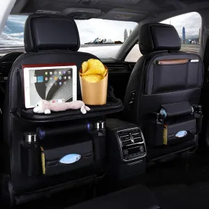 Car Backseat Organizer with Tablet Holder, Foldable PU Leather Car Back Seat Table Tray, Kick Mats BackSeat Storage Bag, 9 Storage Pockets Seat Back Protectors for Toys Drinks Books Pens