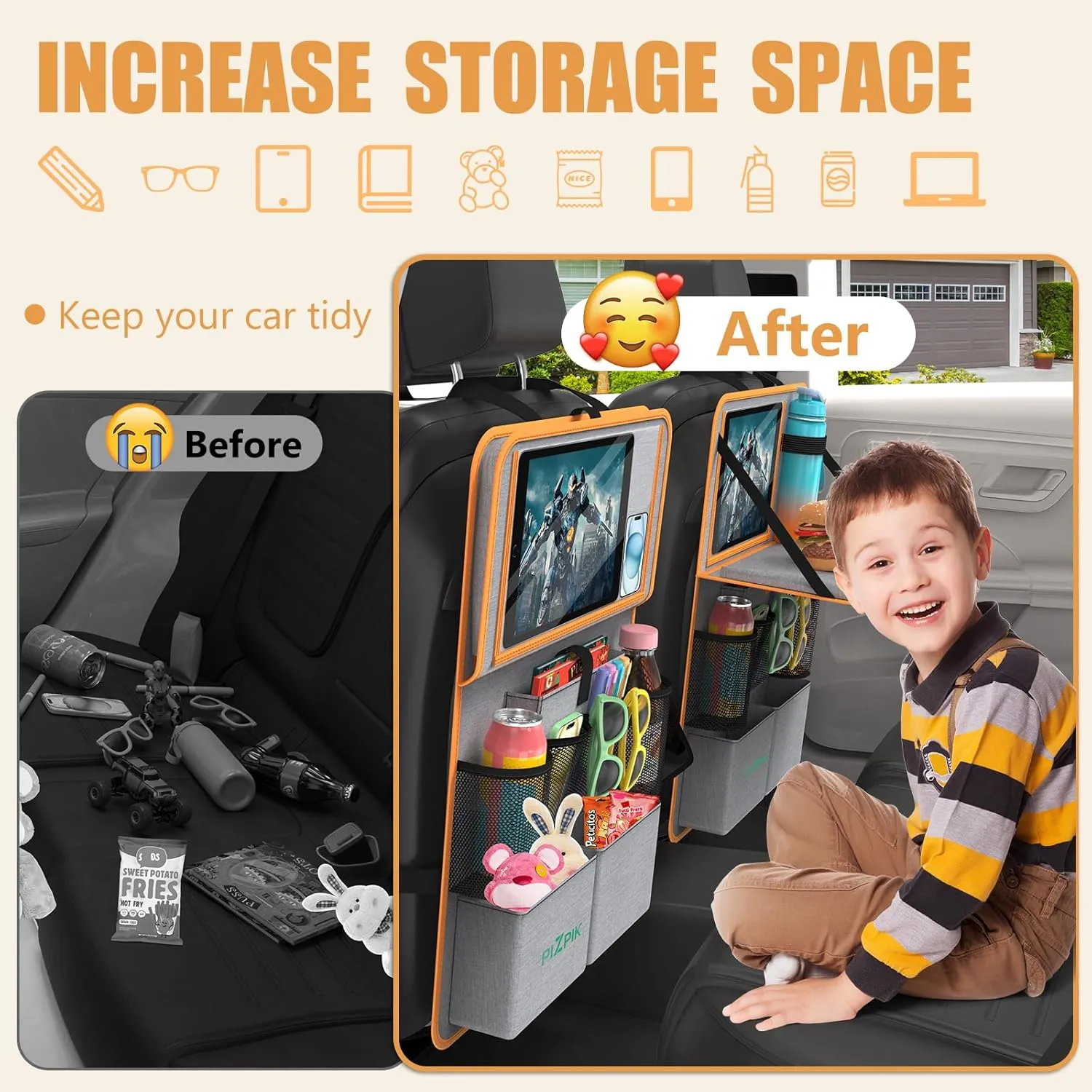 Car Backseat Organizer with Tablet Holder,11 Storage Pockets with Foldable Food Tray, Protector Kick Mats for Kids, Travel Accessories Organizer (Orange, 1Pack)