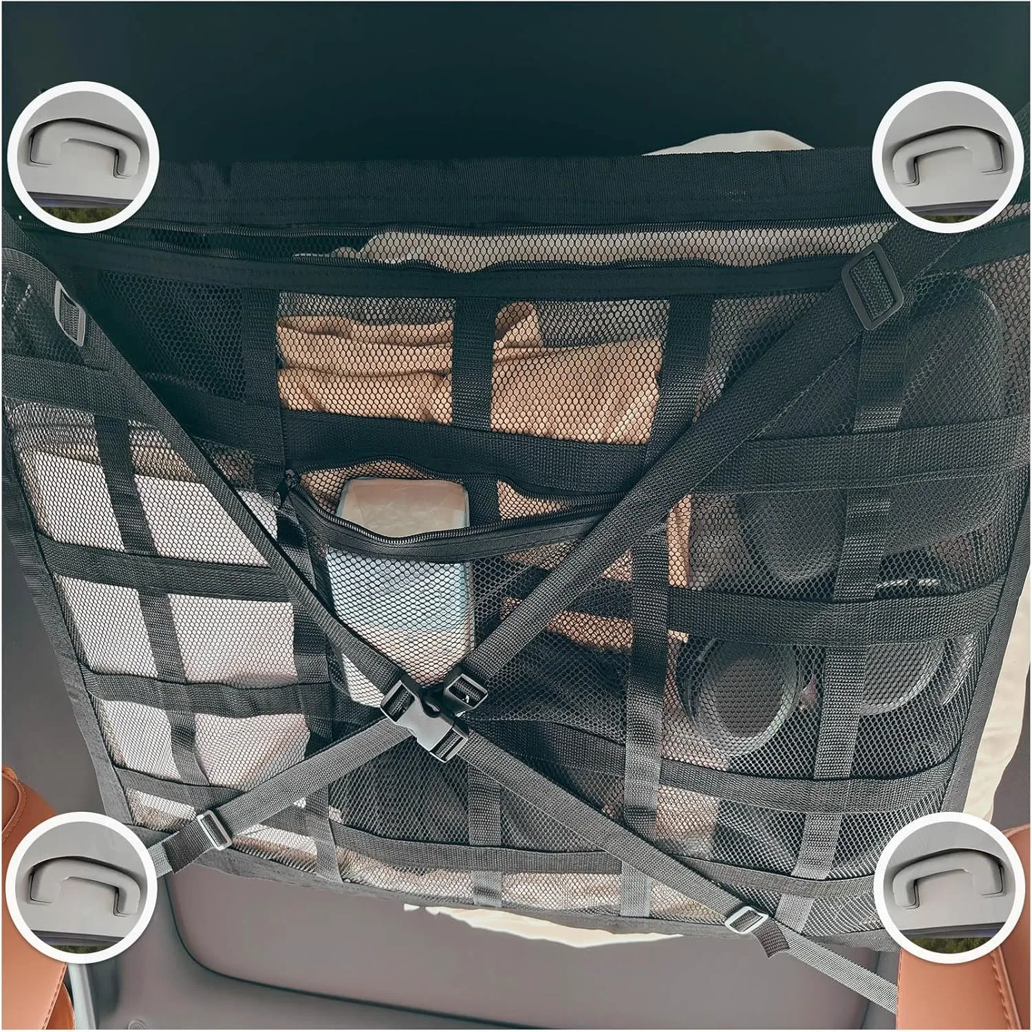 Car Ceiling Cargo Net with 2 Pockets - 35.4"x25.6" Cross-Strap Reinforced Double-Layer Mesh Organizer, Adjustable for SUVs, Minivans - Road Trips, Camping, Commuting Storage Organization