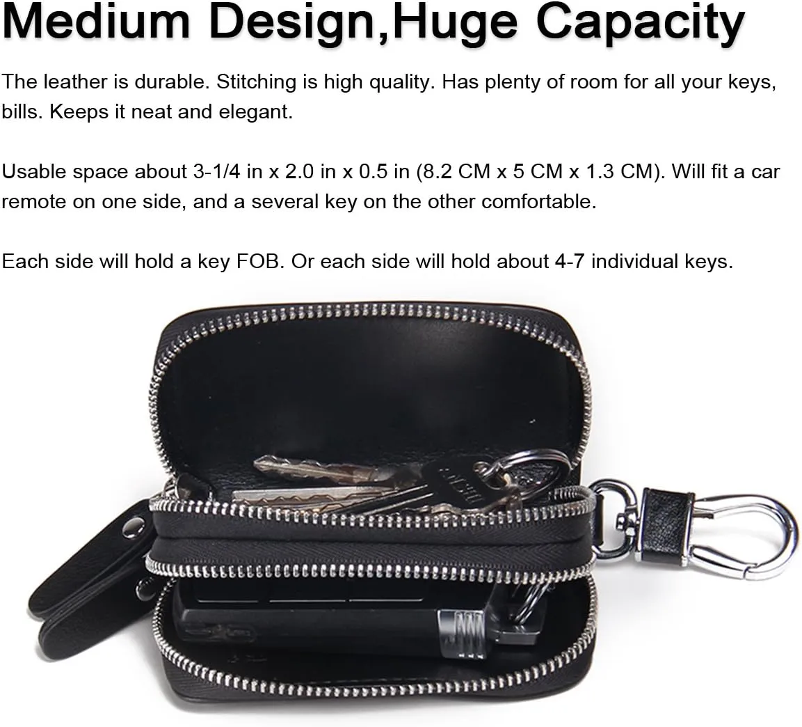 Car Key Case Leather Double Zipper Key Holder with 4 Keyrings Keys Organizer for Men Women