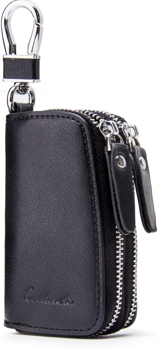 Car Key Case Leather Double Zipper Key Holder with 4 Keyrings Keys Organizer for Men Women