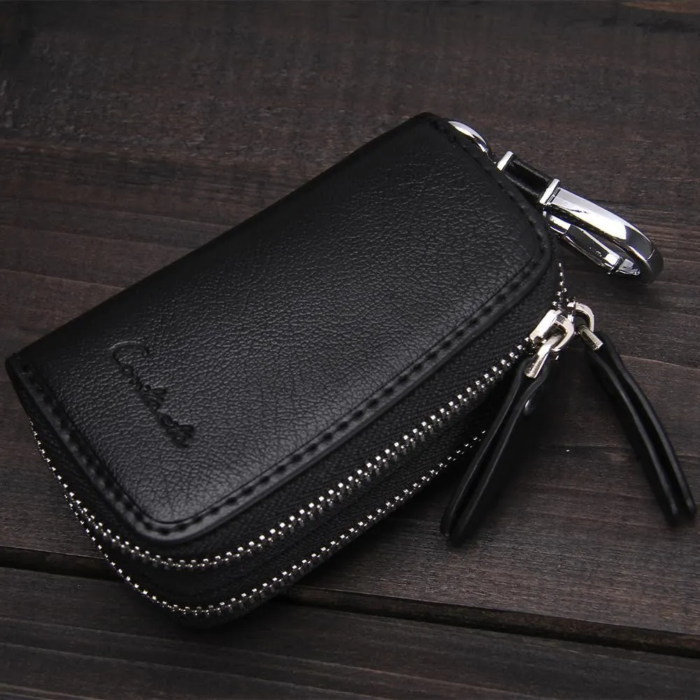 Car Key Case Leather Double Zipper Key Holder with 4 Keyrings Keys Organizer for Men Women
