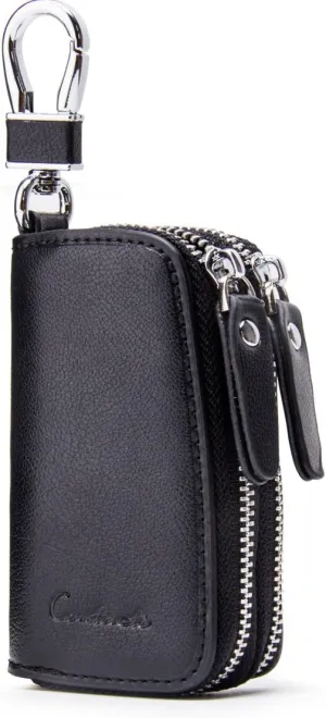 Car Key Case Leather Double Zipper Key Holder with 4 Keyrings Keys Organizer for Men Women