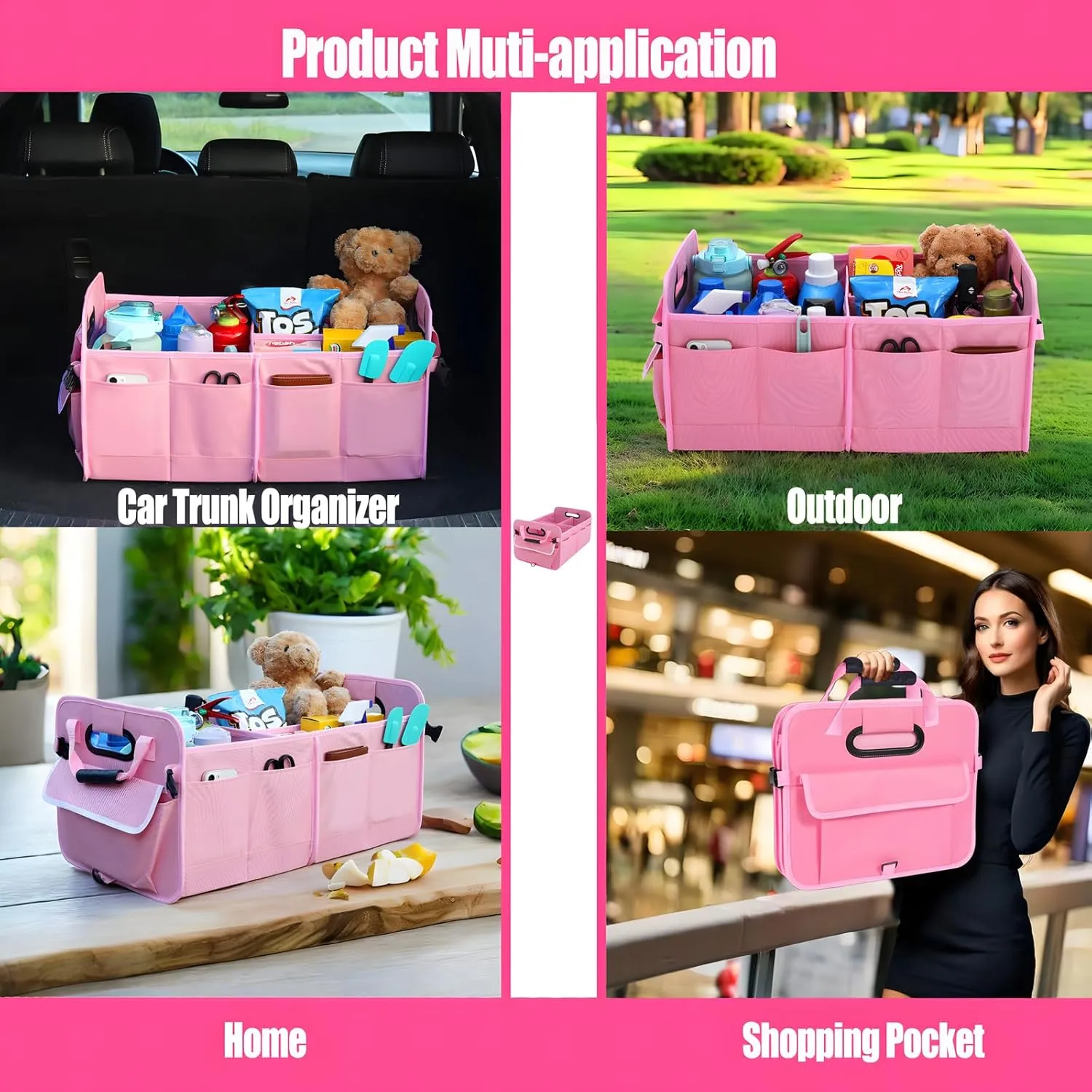 Car Suv Trunk Organizer,Sturdy Storage Organizer for Car Accessories,Tools,Sundries.Upgraded 4 Carrying Handles,72L,Foldable,Waterproof,Multi Compartment,2 Straps for Fixation(Pink)