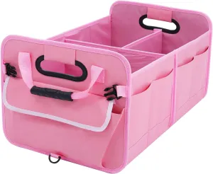 Car Suv Trunk Organizer,Sturdy Storage Organizer for Car Accessories,Tools,Sundries.Upgraded 4 Carrying Handles,72L,Foldable,Waterproof,Multi Compartment,2 Straps for Fixation(Pink)